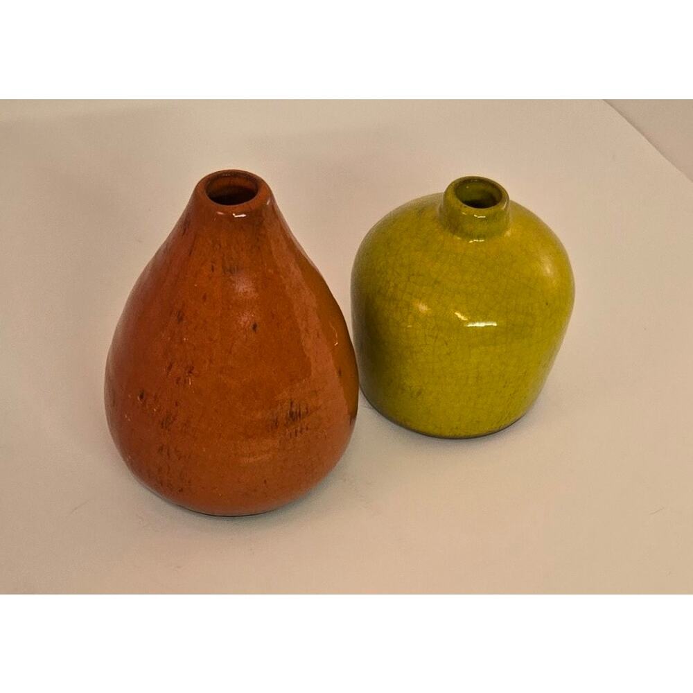 Colorful Ceramic Bud Vases Set of 2 MCM Style Decor Orange Yellow 6" and 4" - Picture 4 of 5
